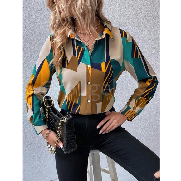 Geometric Colorblock Print Button Down Collared Long Sleeve Dress Shirt Top - Picture 2 of 7